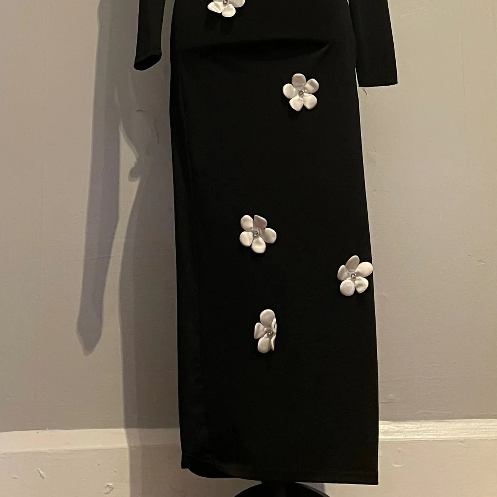 SHEIN White Floral Decor Black Stand Collar Long Sleeve Maxi Dress Size XXS - Picture 11 of 16